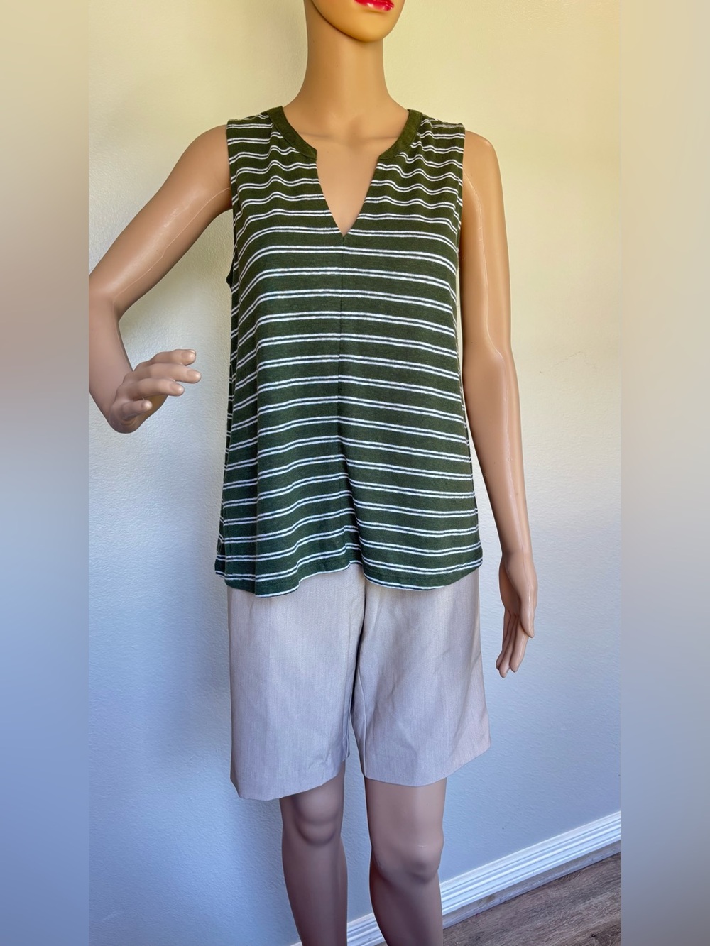 Old Navy Olive and White Striped Sleeveless Split-Neck Tank - Picture 8 of 13